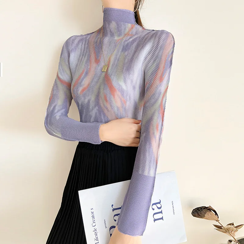 

CHP Women graphic t shirts Tops Miyake Pleated Fashion Slim Long Sleeve Spring/Autumn Batwing Sleeve Folds T-shirt Tees Tide