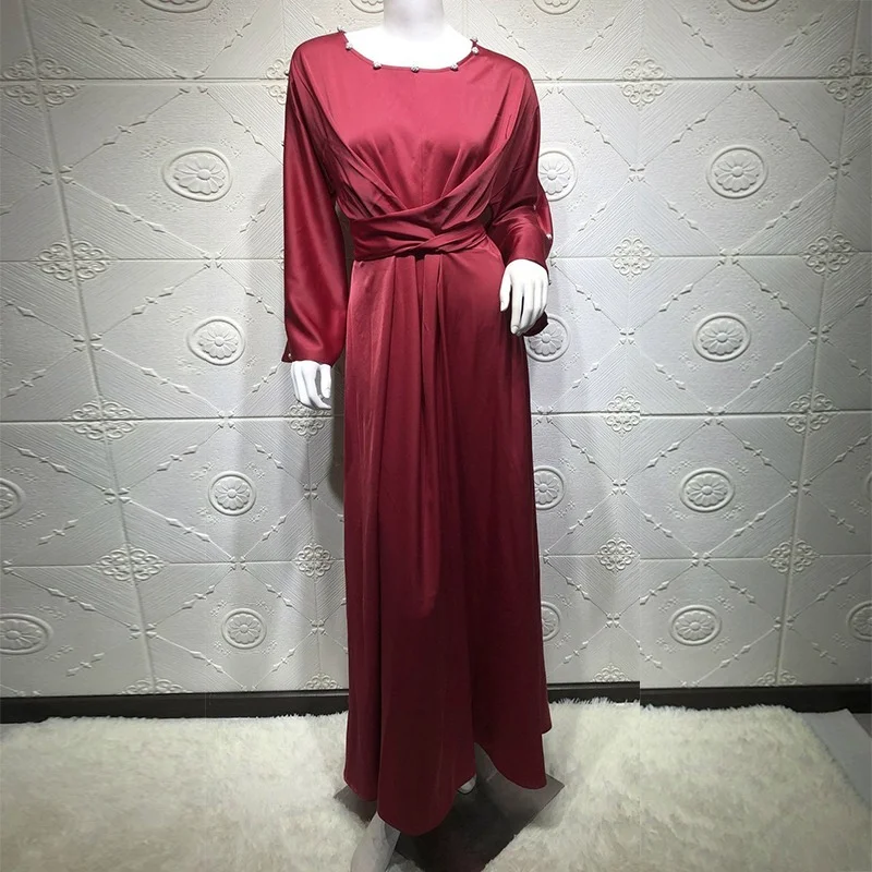 Muslim Women Wrap Front Maxi Dress Abaya Soft Satin Elegant Long Sleeve Belted Long Dress Islam Arab Dubai Turkey Clothes