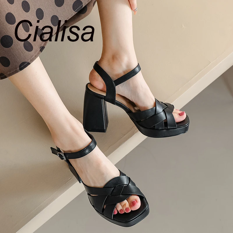 

Сандалии Cialisa женские из натуральной кожи, босоножки на платформе, туфли ручной работы с ремешком и пряжкой, обувь на толстом высоком каблуке с открытым носком, черные, 40