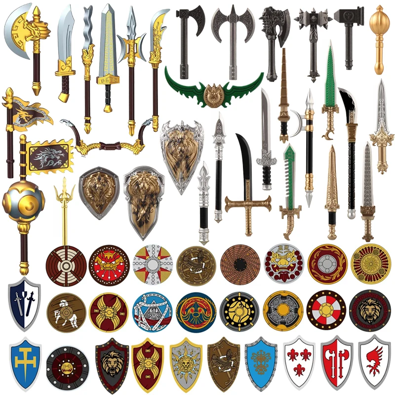 MOC Medieval Building Blocks Bicolor Weapon Accessory Knight Soldier Sword Axe Lion Kingdom Shield Clan Insignia Bricks Kid Toys