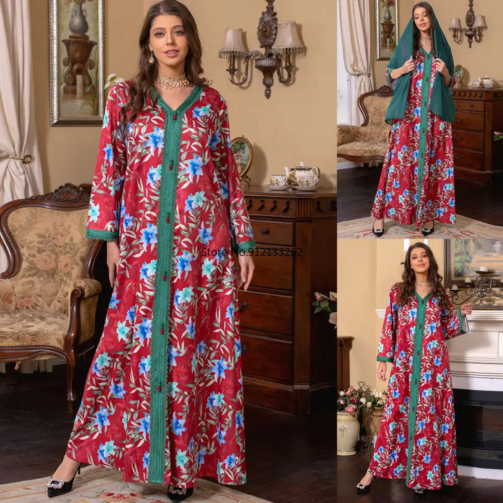 Fashion High Quality Dress for Ladies Middle Eastern Muslim Women Moroccan Jalabiya Dubai Arab Print Maxi Dress Party Ramadan
