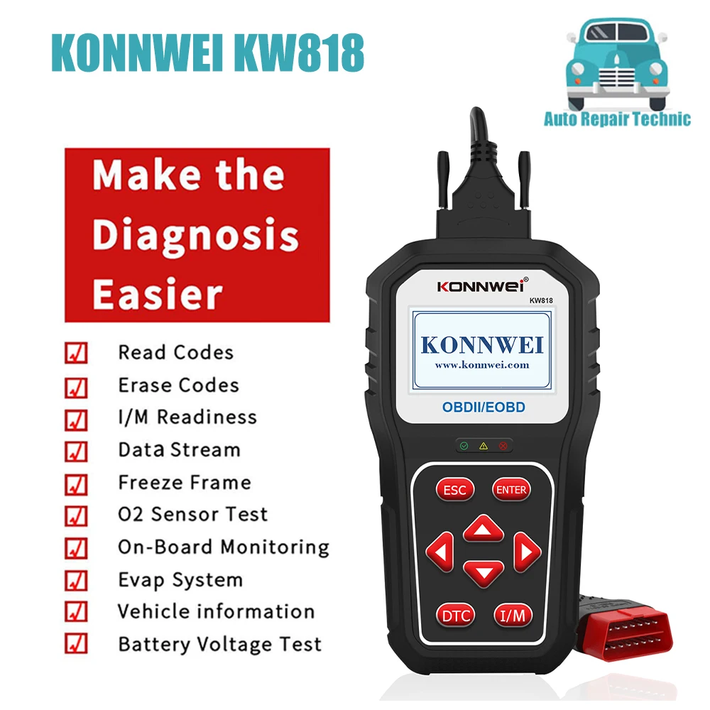 Автомобильный диагностический сканер KONNWEI KW818, OBD2, 12 В