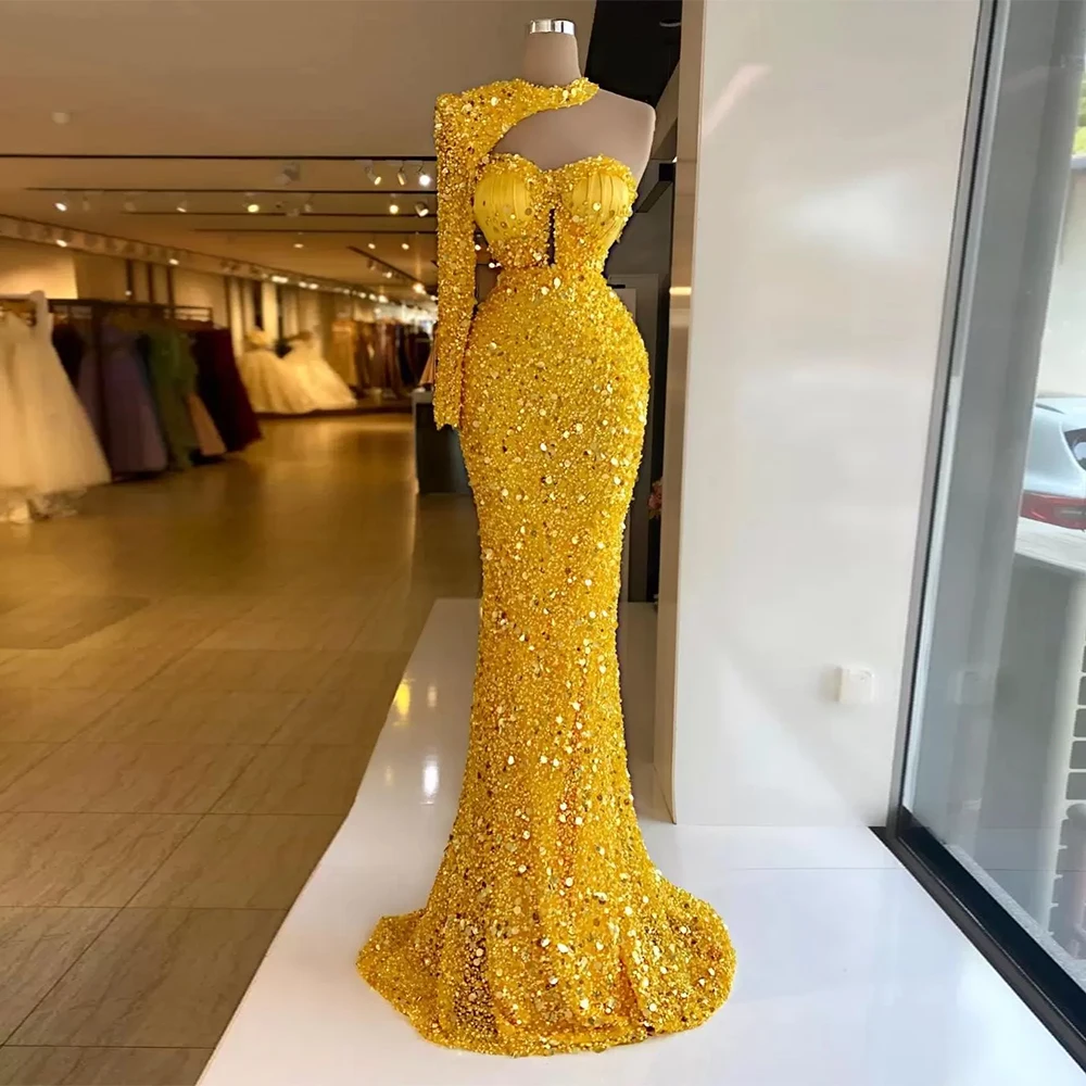 

Sparkly Sequins Evening Dress 2022 Long Sleeve Mermaid Evening Gown Yellow Asymmetrical Beading Luxury Party Dresses for Women