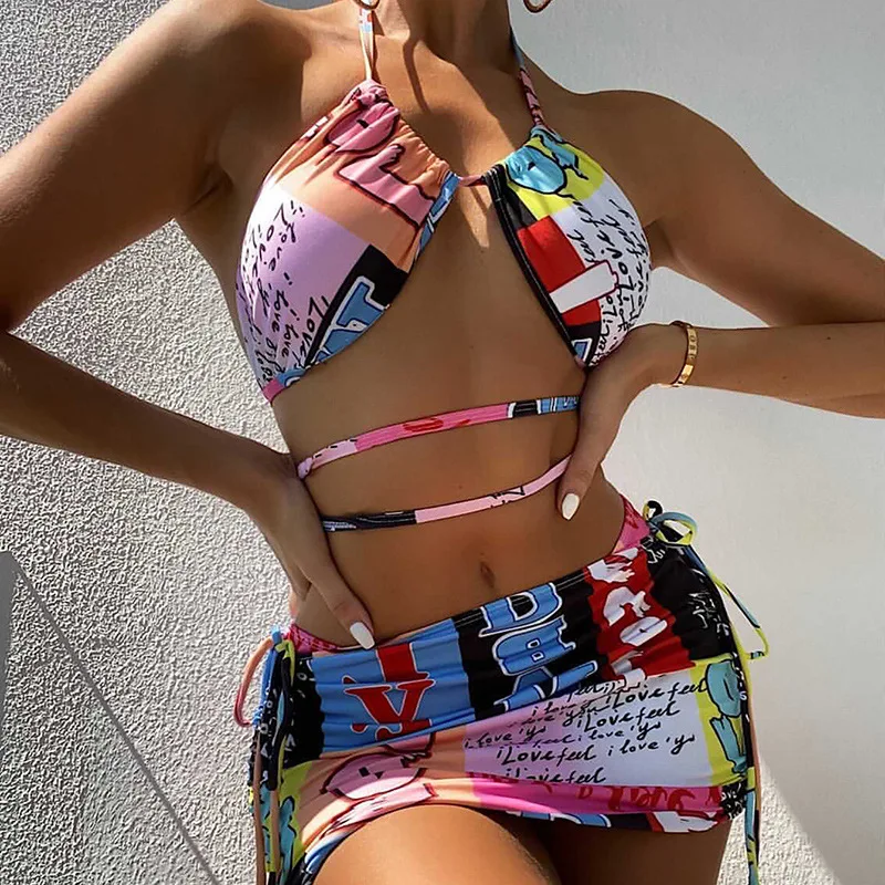 

In Stock Graffiti Print Bandage Cover Up Dress Folds Backless Halter Bikini Women Swimming Suit