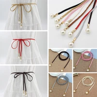 fashion weave tie thin solid waist belts with pearl luxury colourful female dress waist chain designer korea style belts 2022