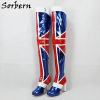 sorbern custom crotch thigh high kinky boots block heels english flag round toe wide leg calf fit boot platform size 33 48