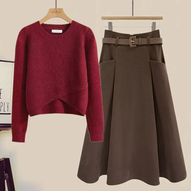 2024 осенний новый свитер топ и юбка комплект из трикотажного модного женского чая
