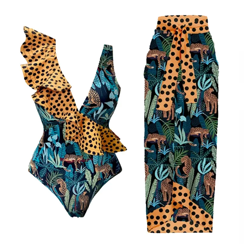 

2023 новый сексуальный цельный купальник женский леопардовый принт бикини листовой принт оборка пляжная одежда
