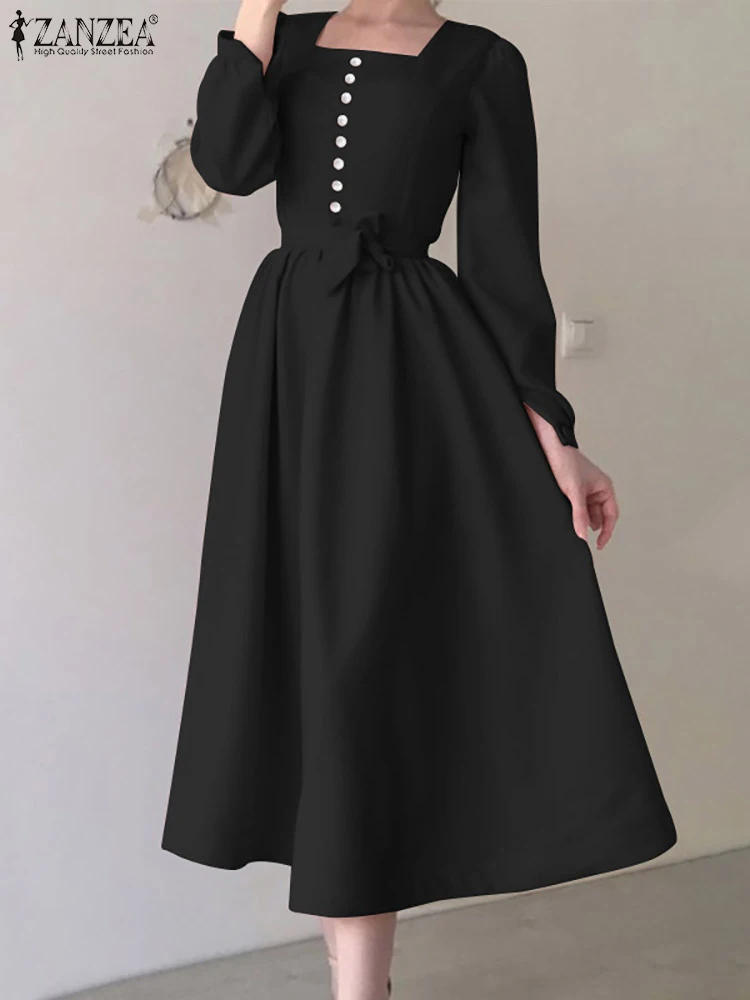

ZANZEA Chic Fashion Long Robes Elegant Long Sleeve 2023 Spring Party Midi Vestido Women Square Collar Tie Waisted Pink Dresses
