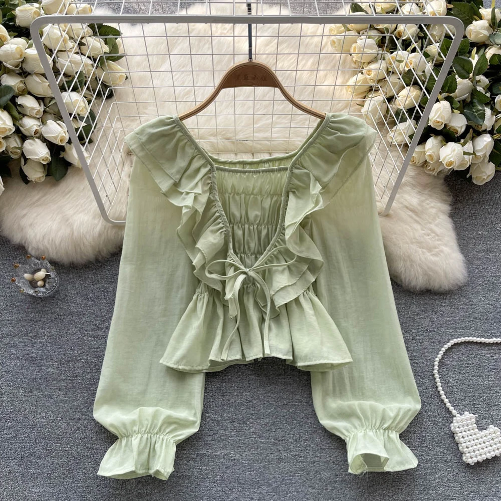 

Женская плиссированная шифоновая блузка, милый Приталенный топ с квадратным вырезом и оборками, со шнуровкой, расклешенным длинным рукавом, женские блузки, весна 2023