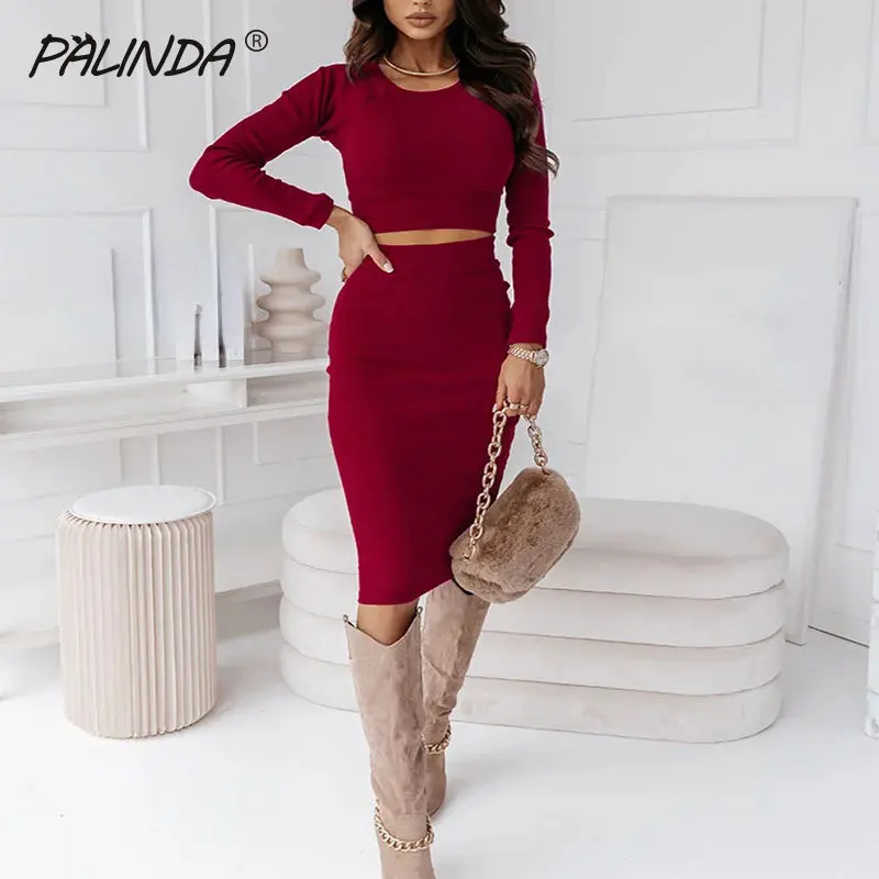 

Bodycon 2 Pieces Sets Knitted Casual Party Matching Set Knit Two Piece Sets Women Long Sleeve Crop Top Skirts Suits Winter G1242