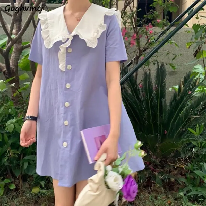 

Peter Pan Collar Dress Women Mini Simple Kawaii Korean Preppy Style Ins Casual Vacation Chic Sweet Tender Summer Girlish Fashion