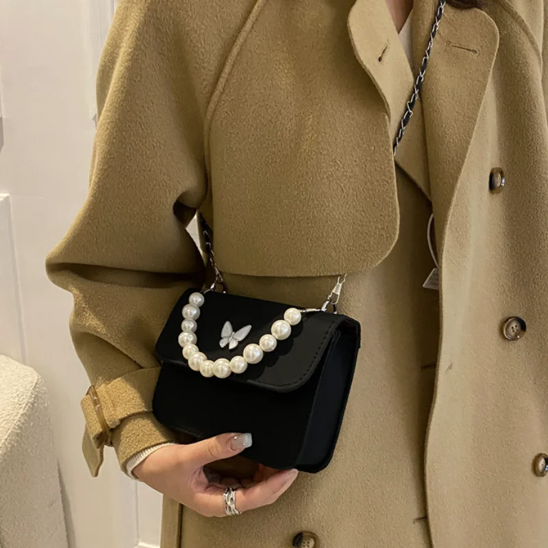 

Solid Pearl Portable Women Small Square Bags 2022 New Vintage Fashion Simple Chain Girls Shoulder Messenger Bag