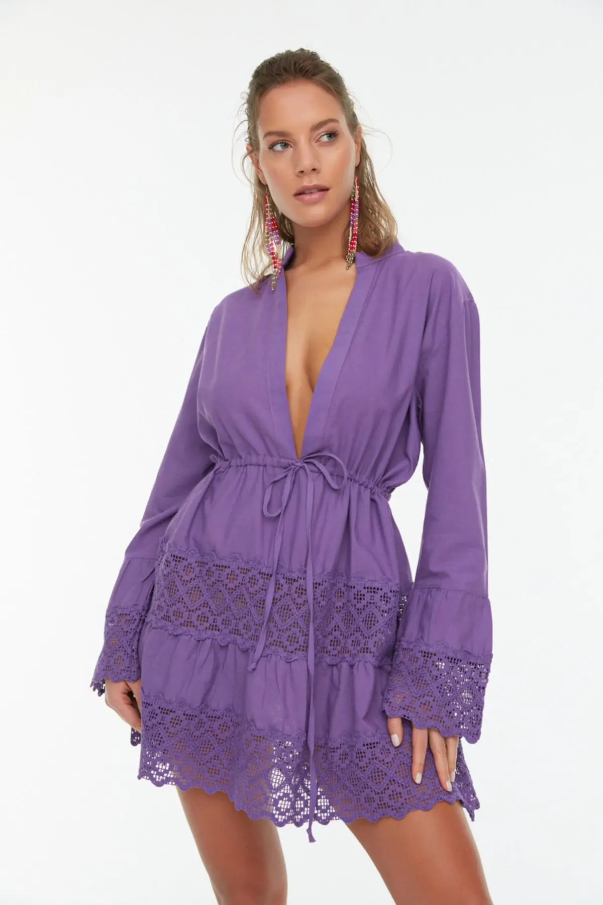 

Женское платье с кружевом, сиреневое элегантное модное повседневное удобное летнее пляжное платье Бохо с коротким рукавом