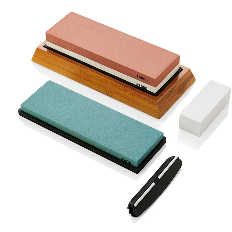 

Whetstone Sharpening Stone Set - 400 1000 6000 Whetstones, Non-Slip Bamboo Base, Silicon Holder, Angle Guide And Fixing Stone