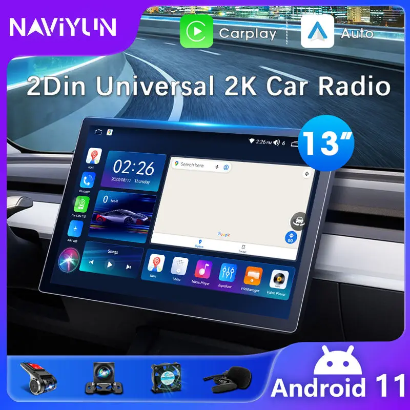 Фото 13-дюймовая 2DIN автомагнитола на Android с HD сенсорным экраном, GPS, CarPlay, усилителем, DSP, RGB, 4G, универсальная модель TS18 №2