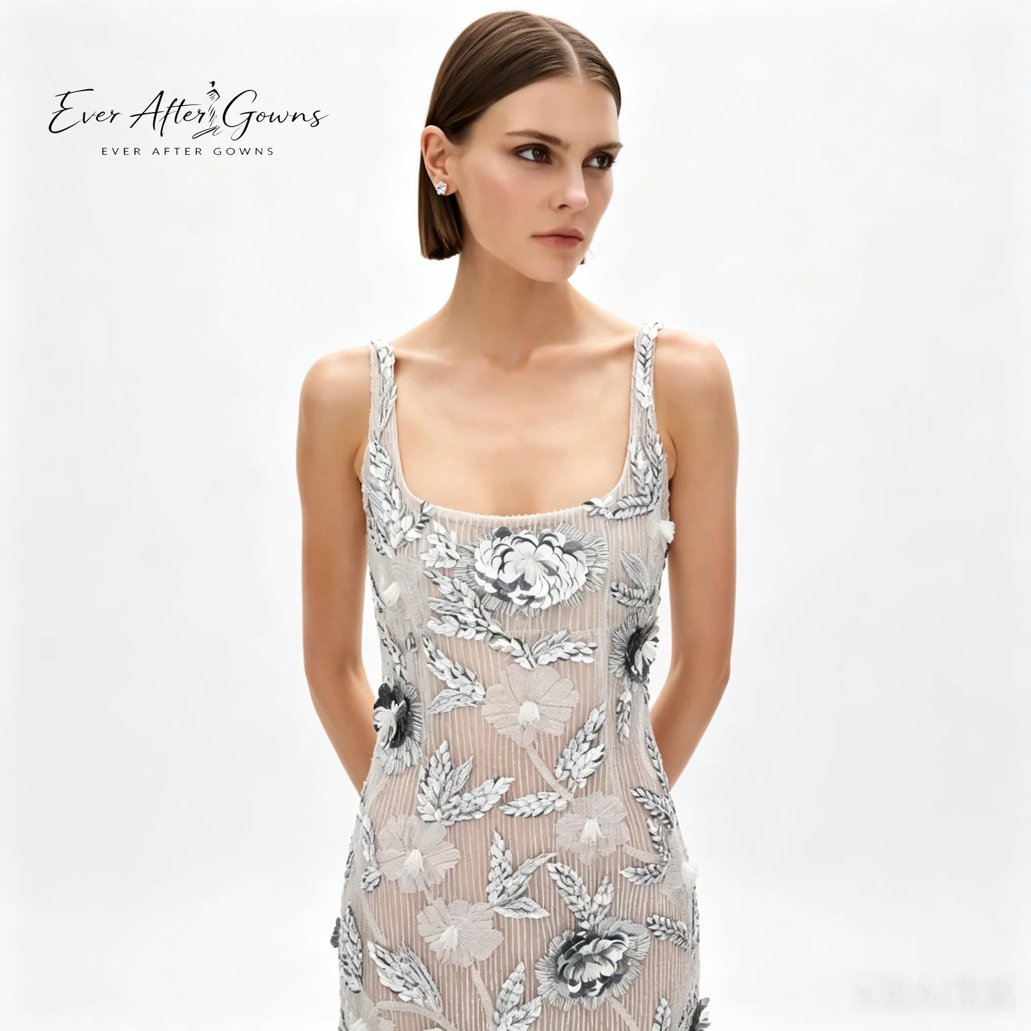 Фото Платье Ever After Gowns серебристое, с цветочным узором и бисером, миди, для женщин - коктейльное платье с квадратным вырезом, без рукавов, из прозрачной сетки, с пайетками №3