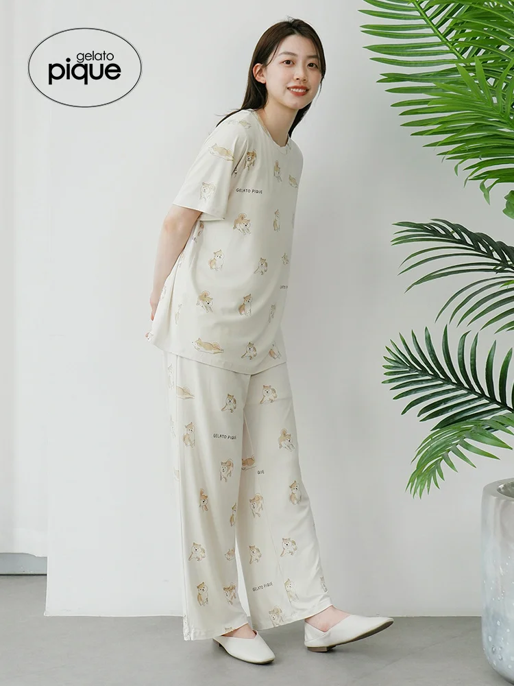 Room Wear Gelato Pique 2023 Summer New Women's Pajama Bottoms Shiba Inu Printed Elastic Lace Trousers Sleep Pwcp232240