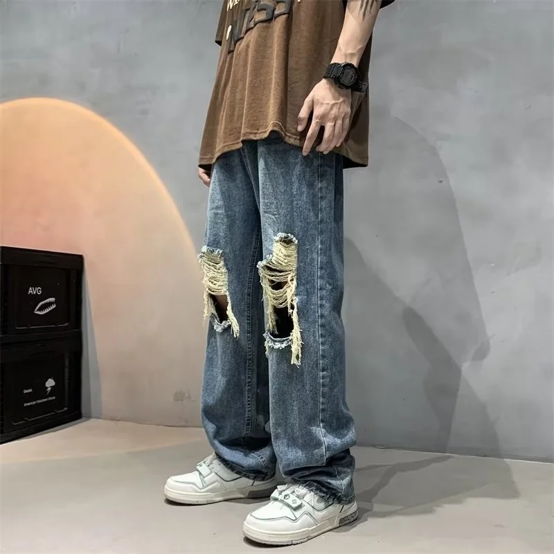 Summer Blue Ripped Jeans Men Fashion Casual Baggy Wide Leg Jeans Men Streetwear Hip Hop Loose Straight Denim Pants Mens Trousers