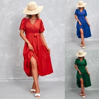 womens new summer solid v neck short sleeved dress dresses for weddings as a gust 2022