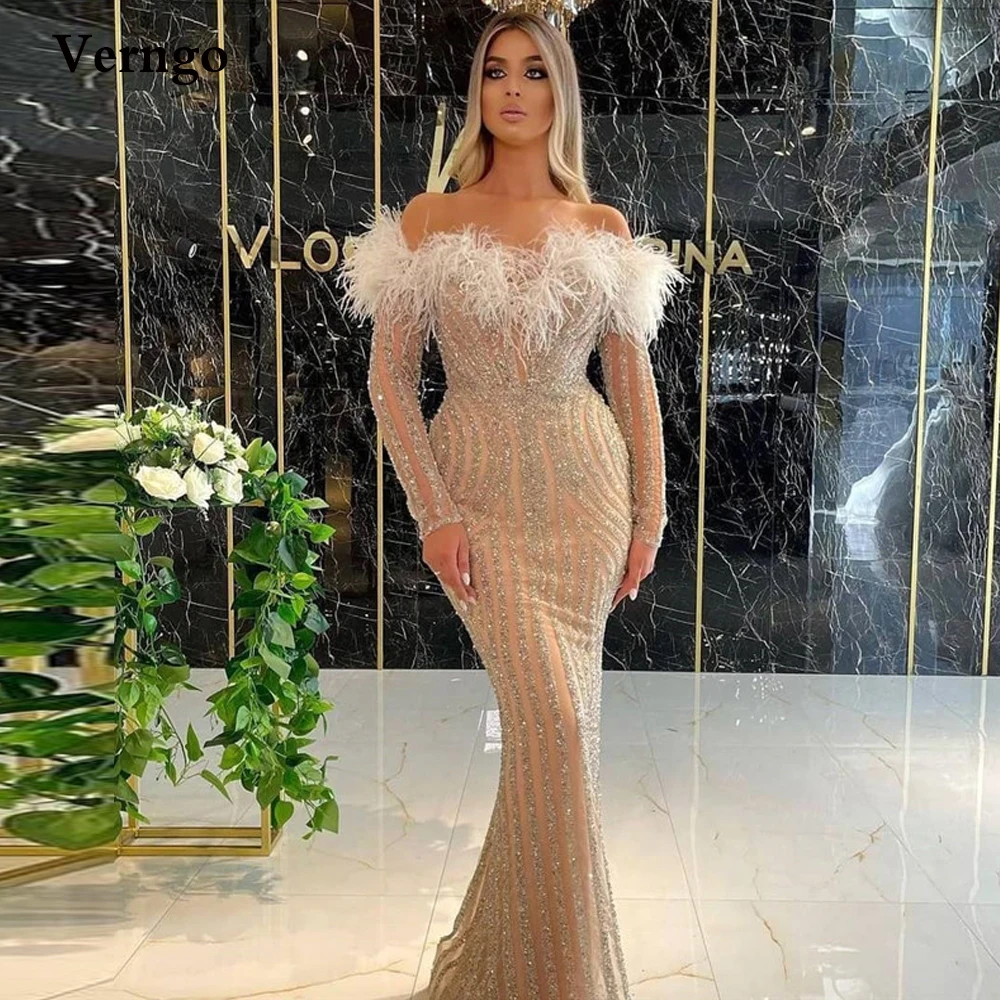 

Verngo Glitter Champagne Sequin Lace Mermaid Evening Dresses Off Shoulder Feathers Dubai Women Formal Occasion Prom Gowns
