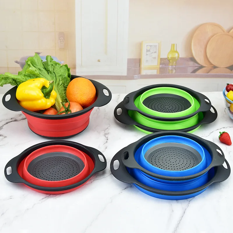 

[ 2 PCS ] Folding Drain Basket Fruit Basket 2-Piece Large and Small Kitchen Retractable Draining Basket Storage Basket