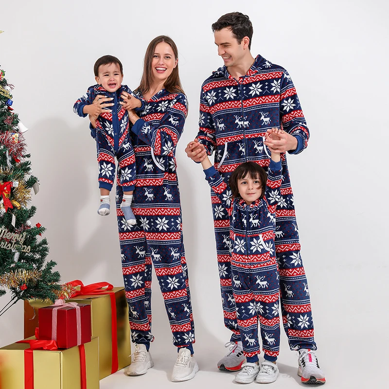 

Merry Christmas Pajamas Set for Family Long Sleeve Navy Blue Printed Jumpsui Parent-child Matching Clothes Xmas Family Look