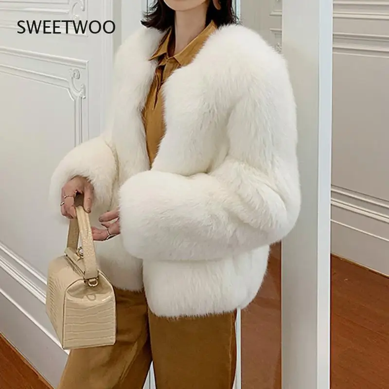 High Quality Faux Fox Fur Coat Women Winter Warm Long Sleeves Thick Fur Jacket Coat Female 2021 New Fashion Elegant Tops Slim