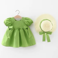 2piece summer newborn baby dresses toddler girl outfits korean cute solid short sleeve cotton beach princess dresssunhat bc206