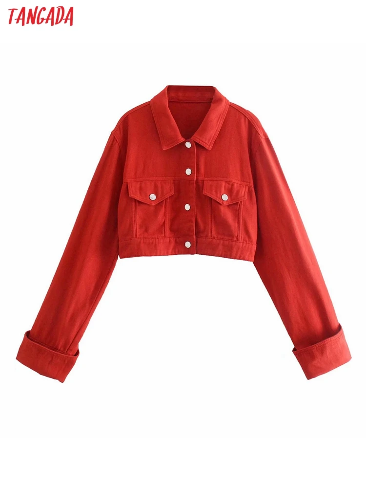 

Tangada Women Denim Cotton Oversized Crop Coats Jacket Long Sleeves Pocket 2022 Ladies Coat 4M50