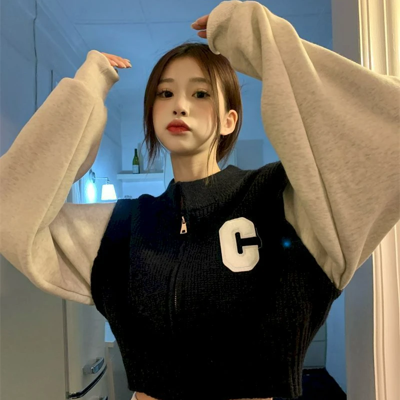 

Korean Fashion Hoodies Women Winter 2022 New Patchwork Zip-up Sweatshirts for Women Y2k Letter Printing Cropped Kpop Clothes