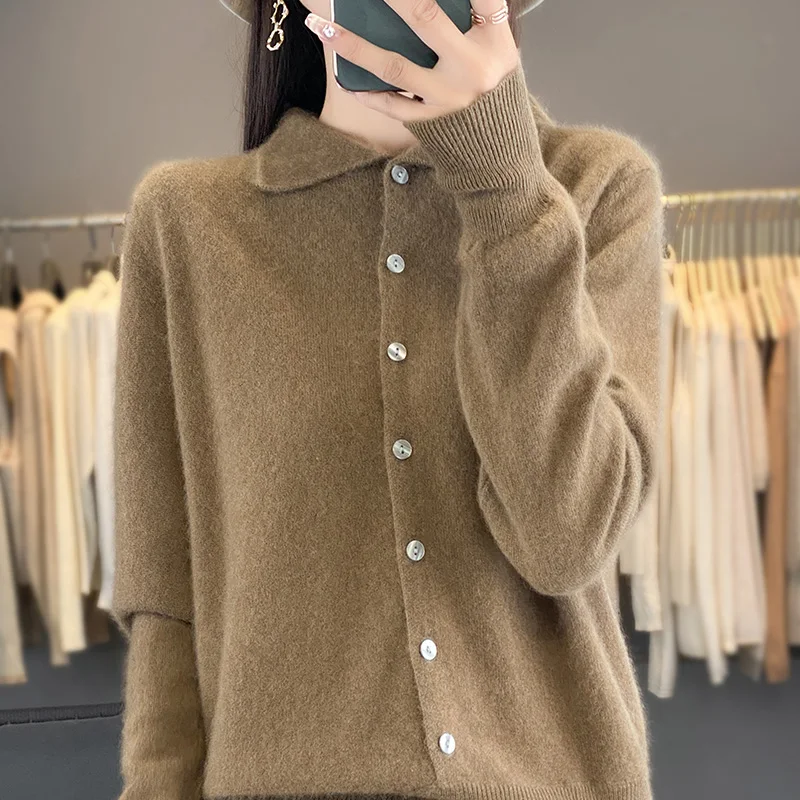 Осенне-зимний новый женский свитер кардиган с воротником поло из 100% мериносовой