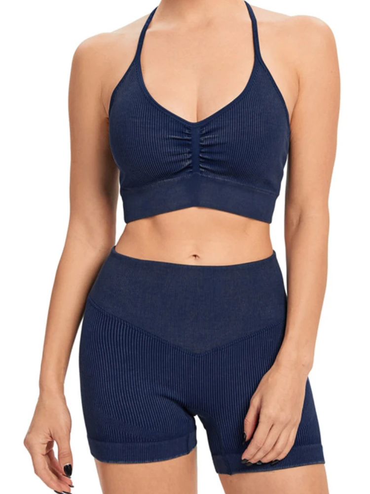 Knitted Workout Set Seamless Washed Bra Crop Top Shorts Set Sport Leggings Workout Outfits Gym Suits Fitness Clothing Women