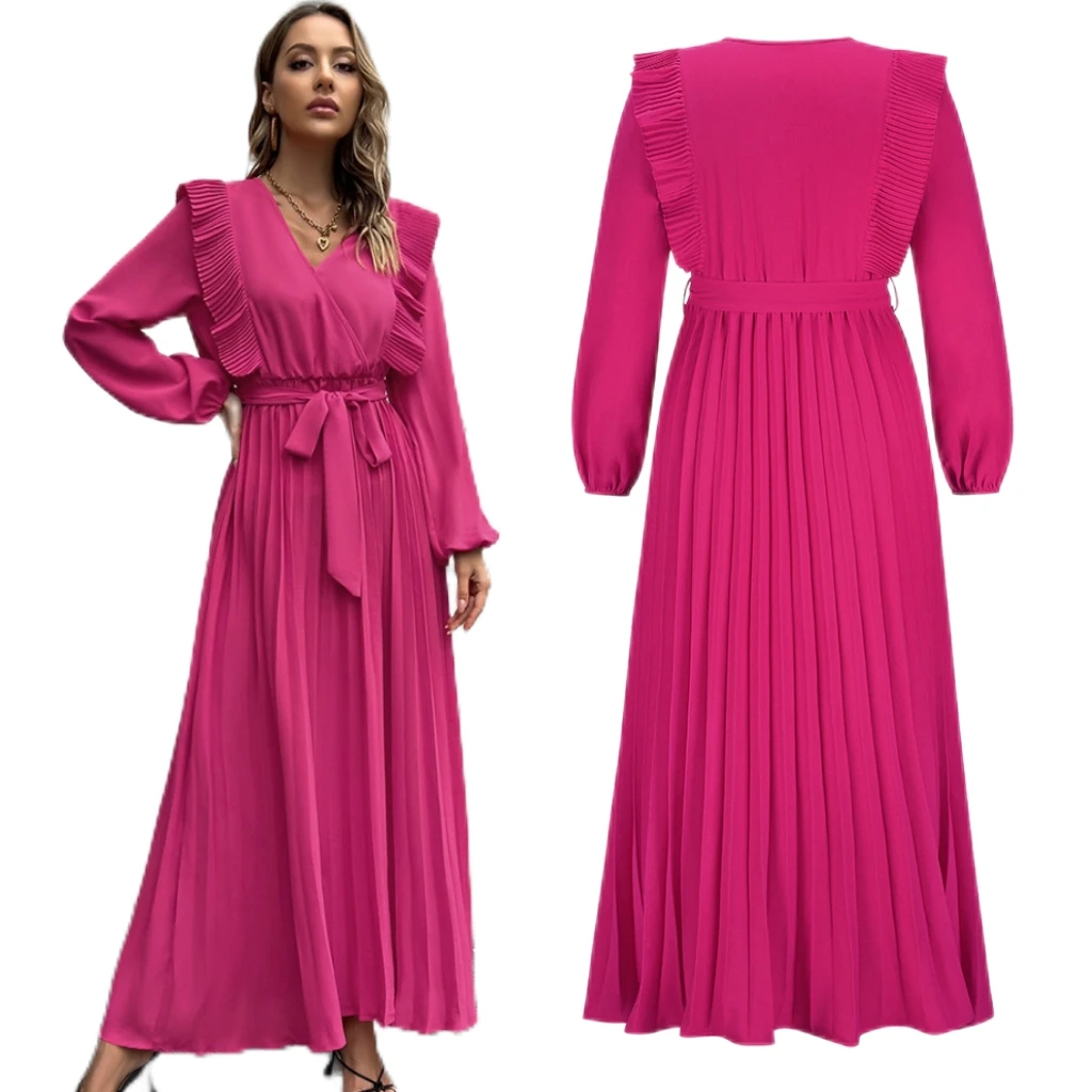 

Dresses For Women 2022 Autumn Spring Lantern Long Sleeve Female Casual Maxi Dress With Belt Sexy V Neck Ladies Office Vestidos