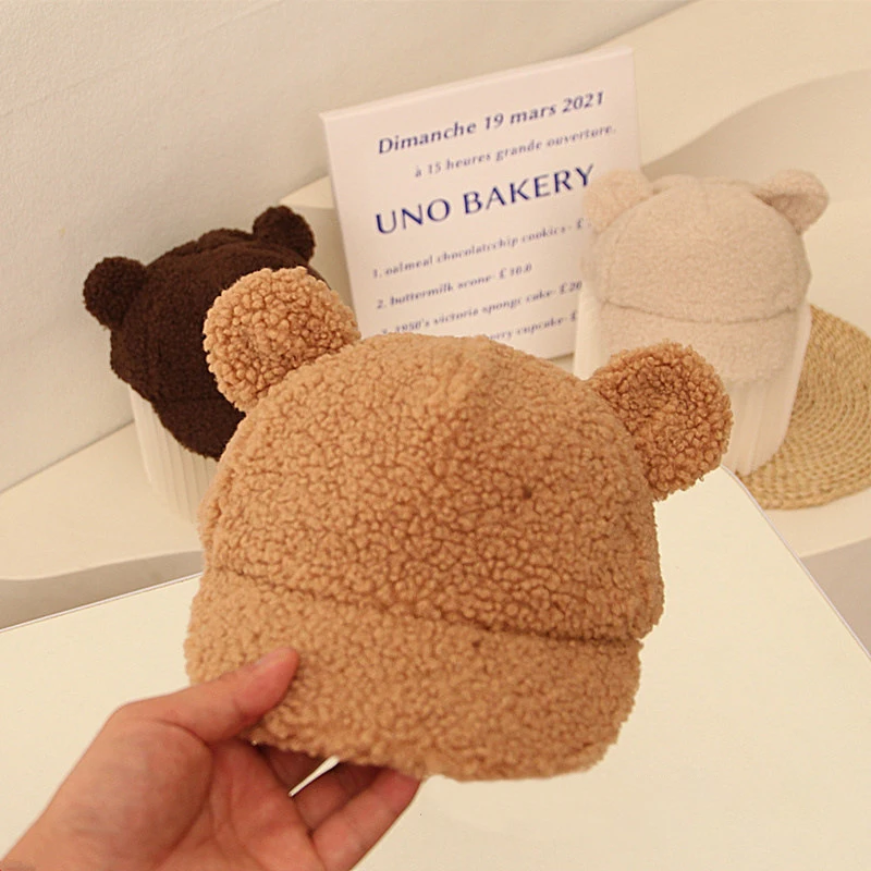 

Autumn Winter Kids Baseball Cap Cute Bear Ear Lamb Wool Boys Girls Cap Solid Color Fleece Children Outdoor Windproof Warm Bonnet