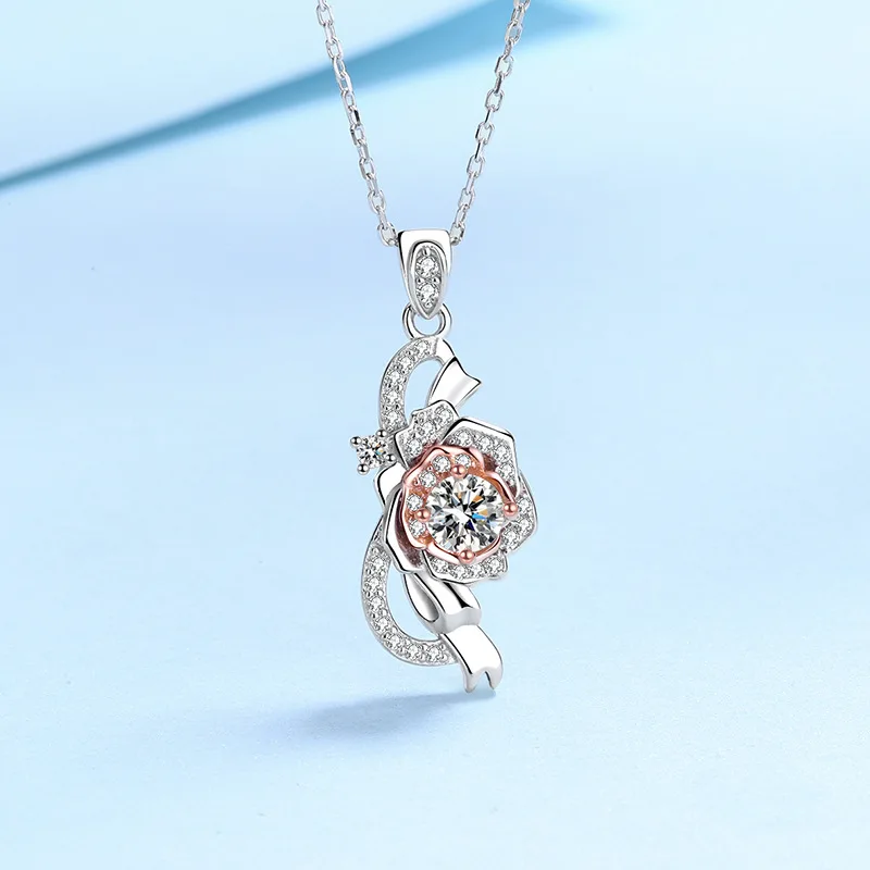 

S925 Silver Rose Necklace Real 0.5 Carat Moissanite Pass Diamond Test Fine Jewelry Wedding Party Gift