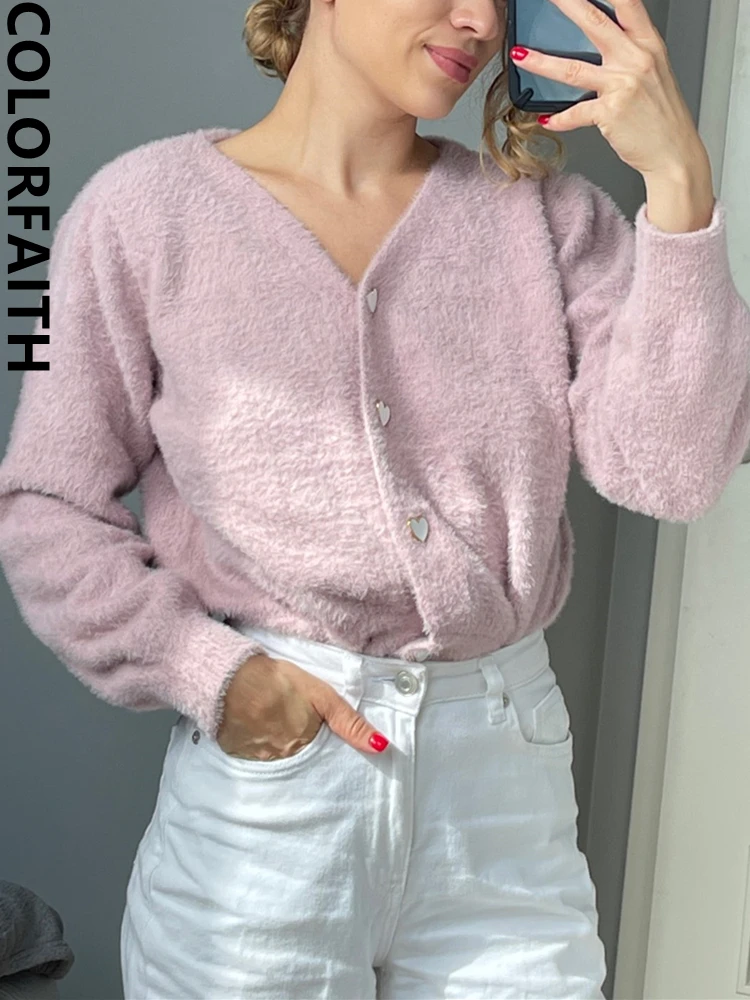 

Colorfaith SWC9017H New 2023 Fake Mink Cashmere Elegant Lady Cardigan Vintage Women's Spring Winter Sweaters Short Knitwear Tops