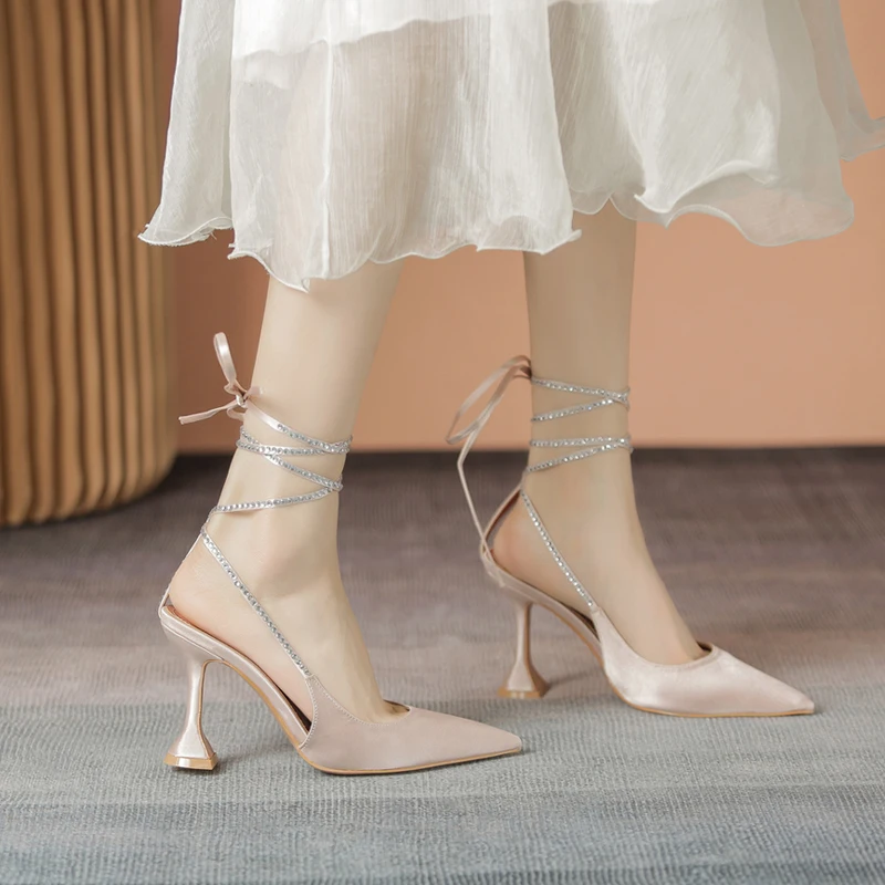 

Foot ring straps satin high-heeled shoes niche design Roman cross-strap leggings stiletto toe pointed sandals women's summer
