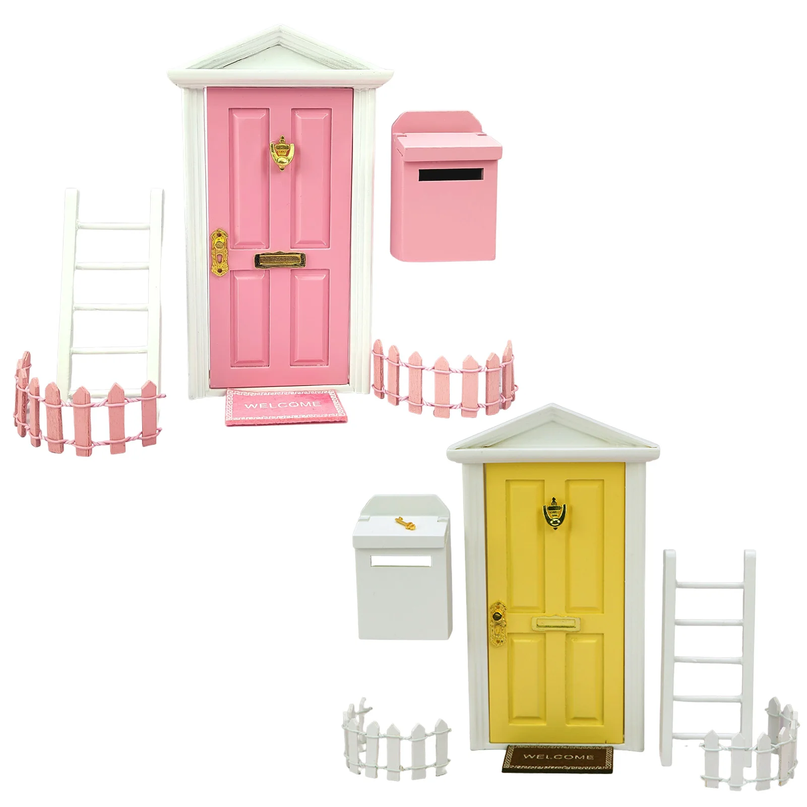 Dollhouse Door Mini Fairy Door Kit 1:12 Dollhouse Miniature Wood Door Fairy Doors For Kids Room With Ladder Fence Mailbox Foot