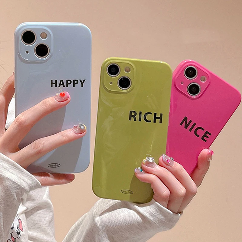 

Fashion Simple Letters Happy Nice Rich Phone Case For iPhone 13 14 12 Pro Max Cute Soft IMD Shockproof Back Cover