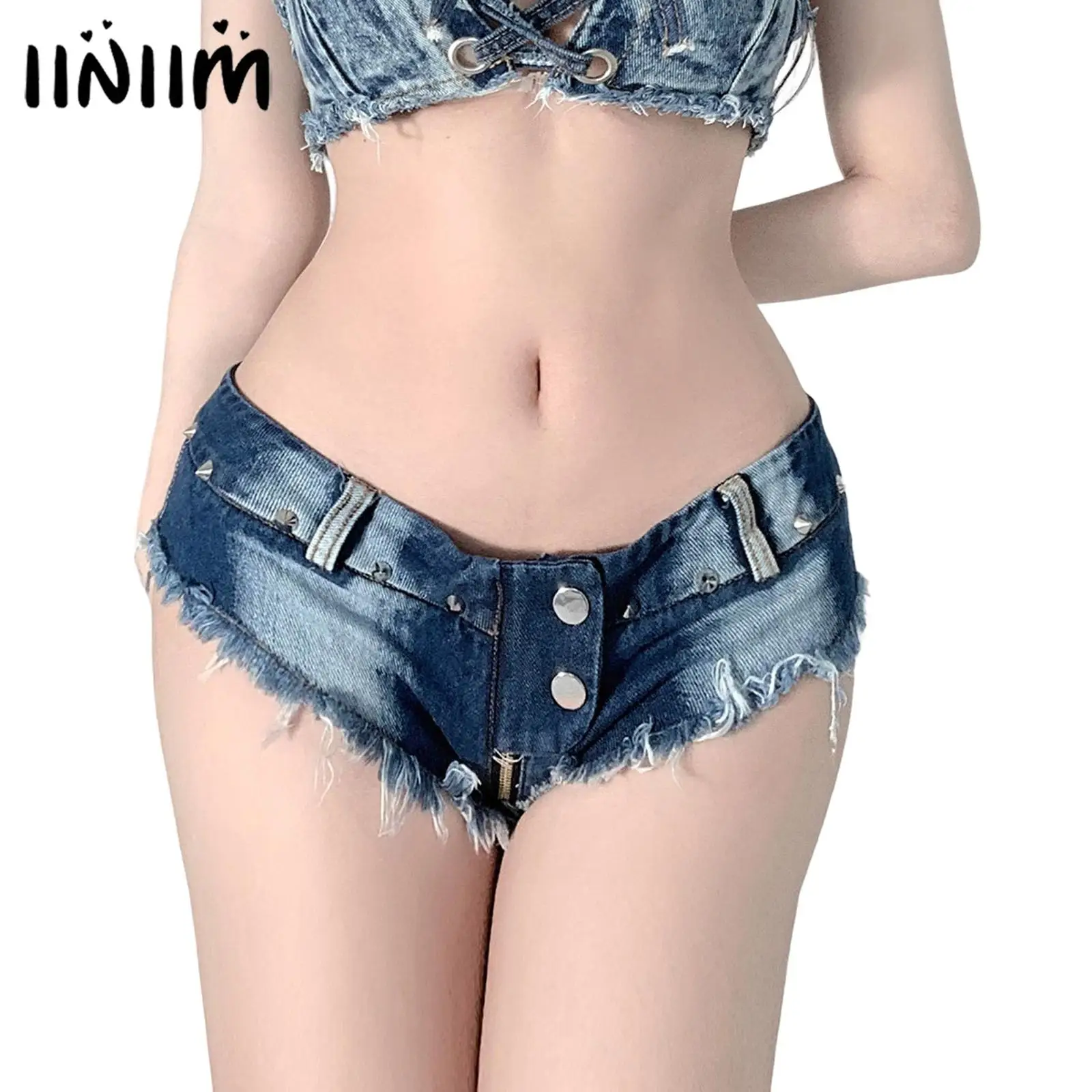 

Iiniim Womens Girls Low Rise Mini Denim Shorts Jean Triangle Outwear Rivet Zipper Crotch Mini Short Low Rise Raw Hem Hot Pants