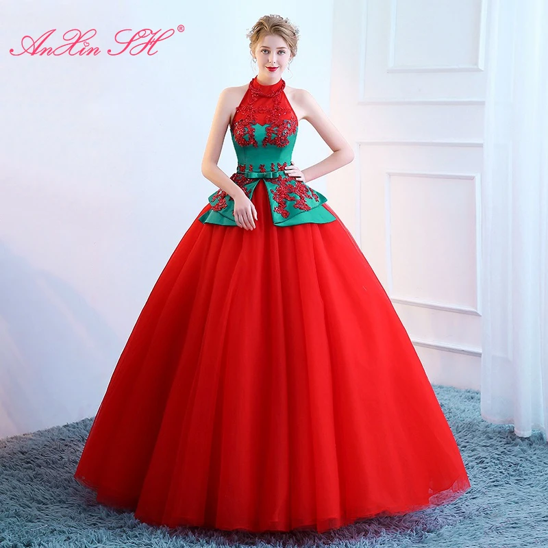 

AnXin SH princess red lace green satin halter sleeveless party vintage beading crystal little bow host ball gown evening dress