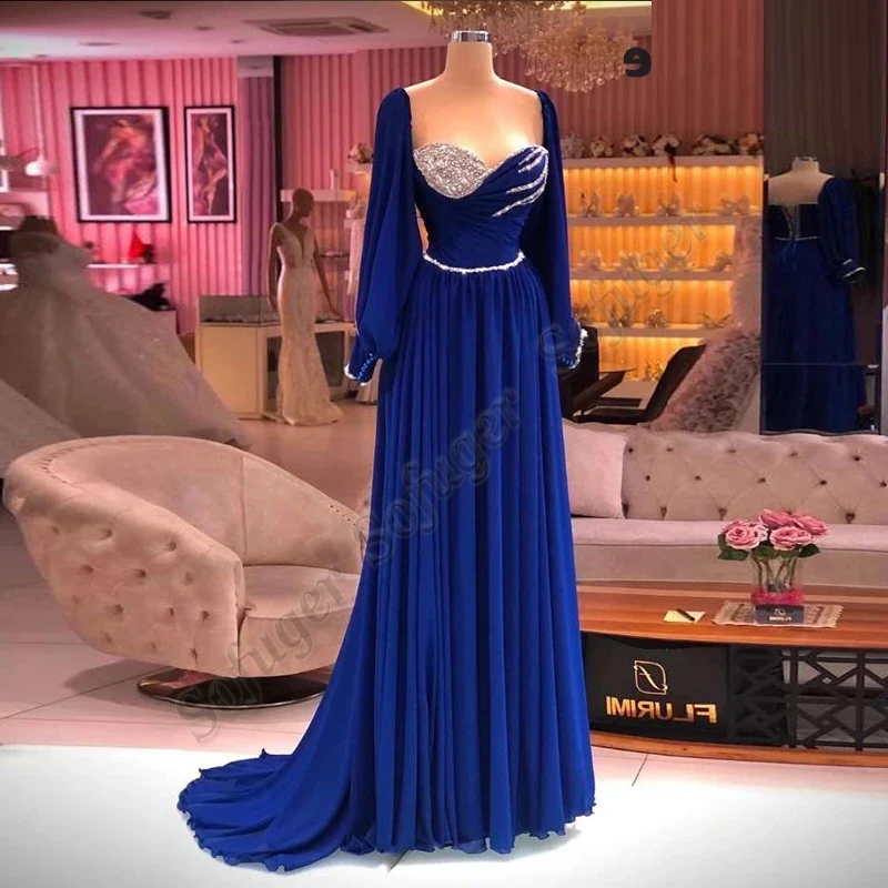 

Blue Chiffon Beads Evening Dresses Prom Belt Women Saudi Arabric Robe De Soiree Graduation Celebrity Vestidos Fiesta