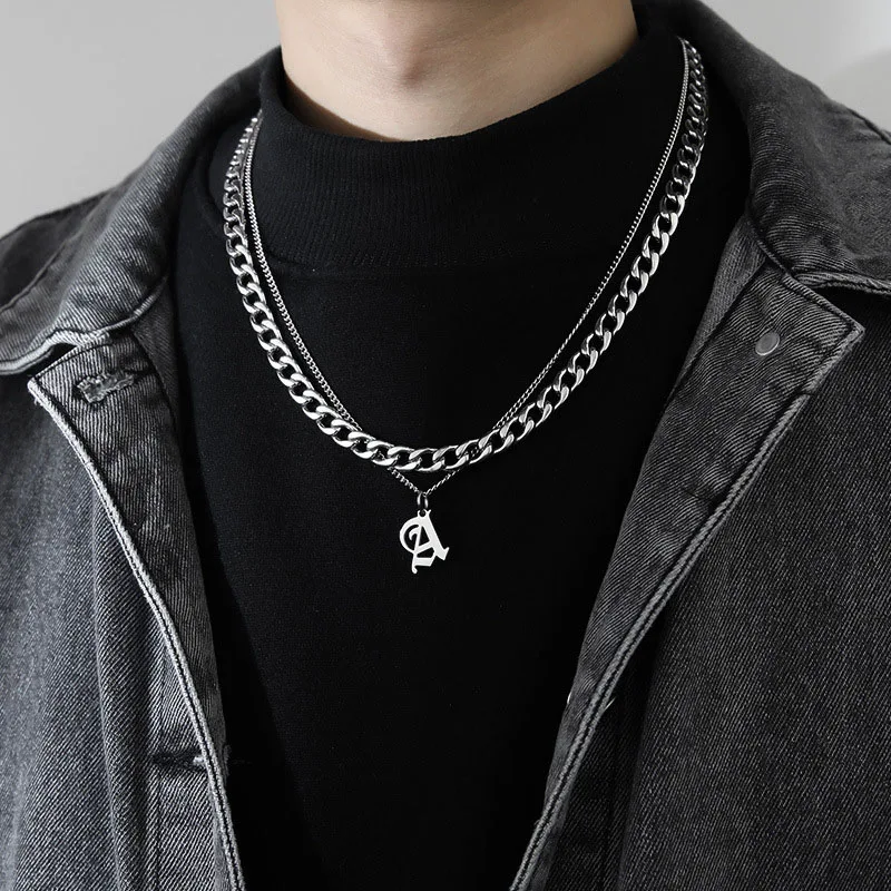

Gothic Initial Letter Pendant Necklace for Men Hip Hop Stainless Steel Cuban Chain Choker Necklace Mens Neck Jewelry Accessories