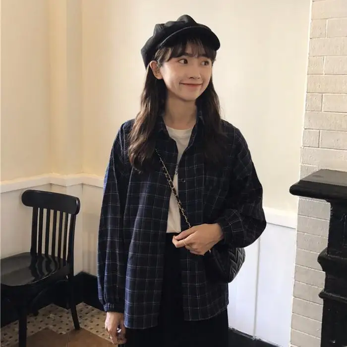 

Plaid Shirt Women's Korean Version Loose College Style Lantern Sleeve Medium Long Lapel Top