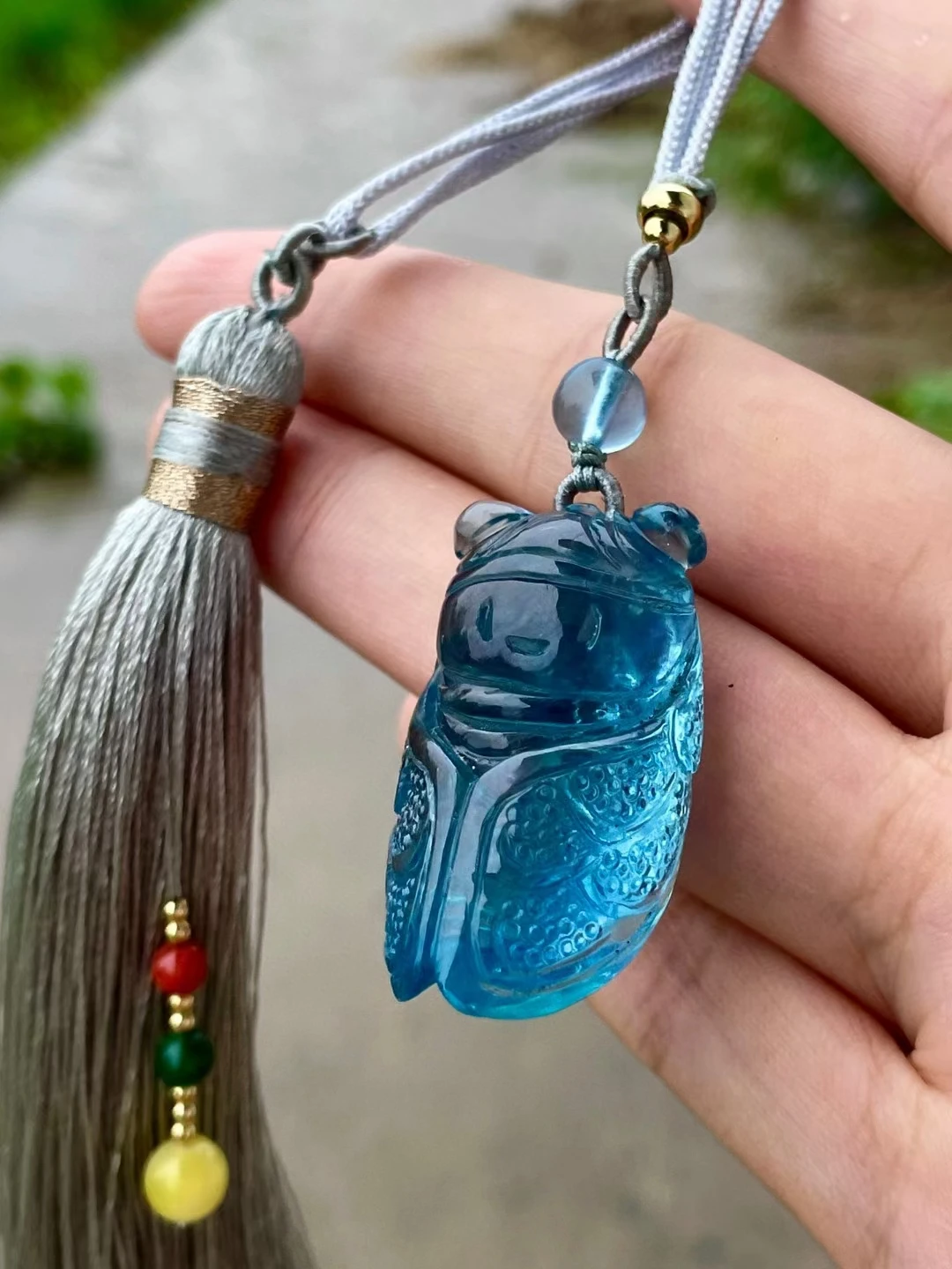 

Natural Blue Aquamarine Quartz Pendant Cicada Carved Jewelry 34.8*19.5*14.5mm Deep Blue Aquamarine Oval Necklace AAAAA