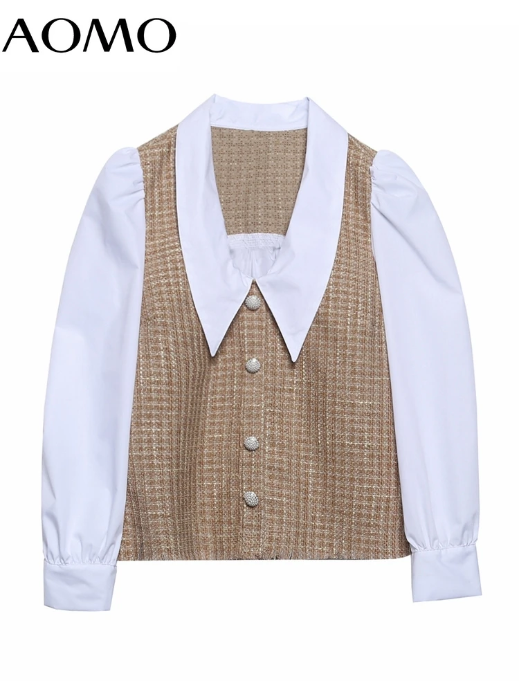 

AOMO Women Retro Tweed Patchwork Crop Shirt Peter Pan Collar 2022 Chic Female Shirt Tops 6H40A