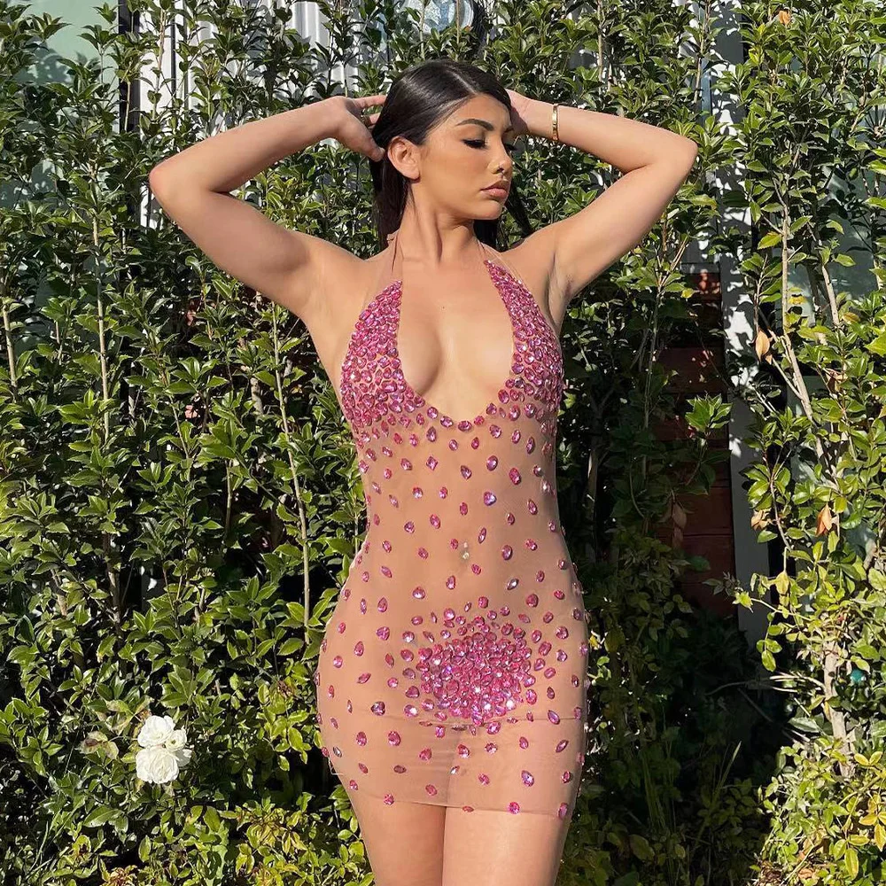 

Zabrina Women's Dress 2022 Summer Dresses Elegant Rose New Sexy Nightclub Party Sheer Mesh Hot Drill Neck Wrap Chest Vestidos