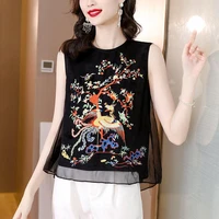 2022 chinese traditional flower embroidery vest women lace chiffon tang vest women sleeveless tops traditional vintage waistcoat