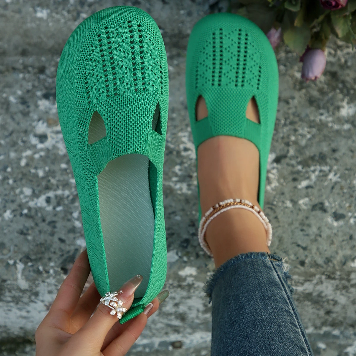 Кроссовки женские легкие вязаные на плоской подошве лоферы с квадратным носком